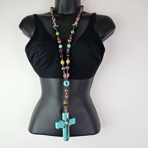 Treska Stylized Cross Pendant Necklace with‎ Beads Boho Funky Artsy